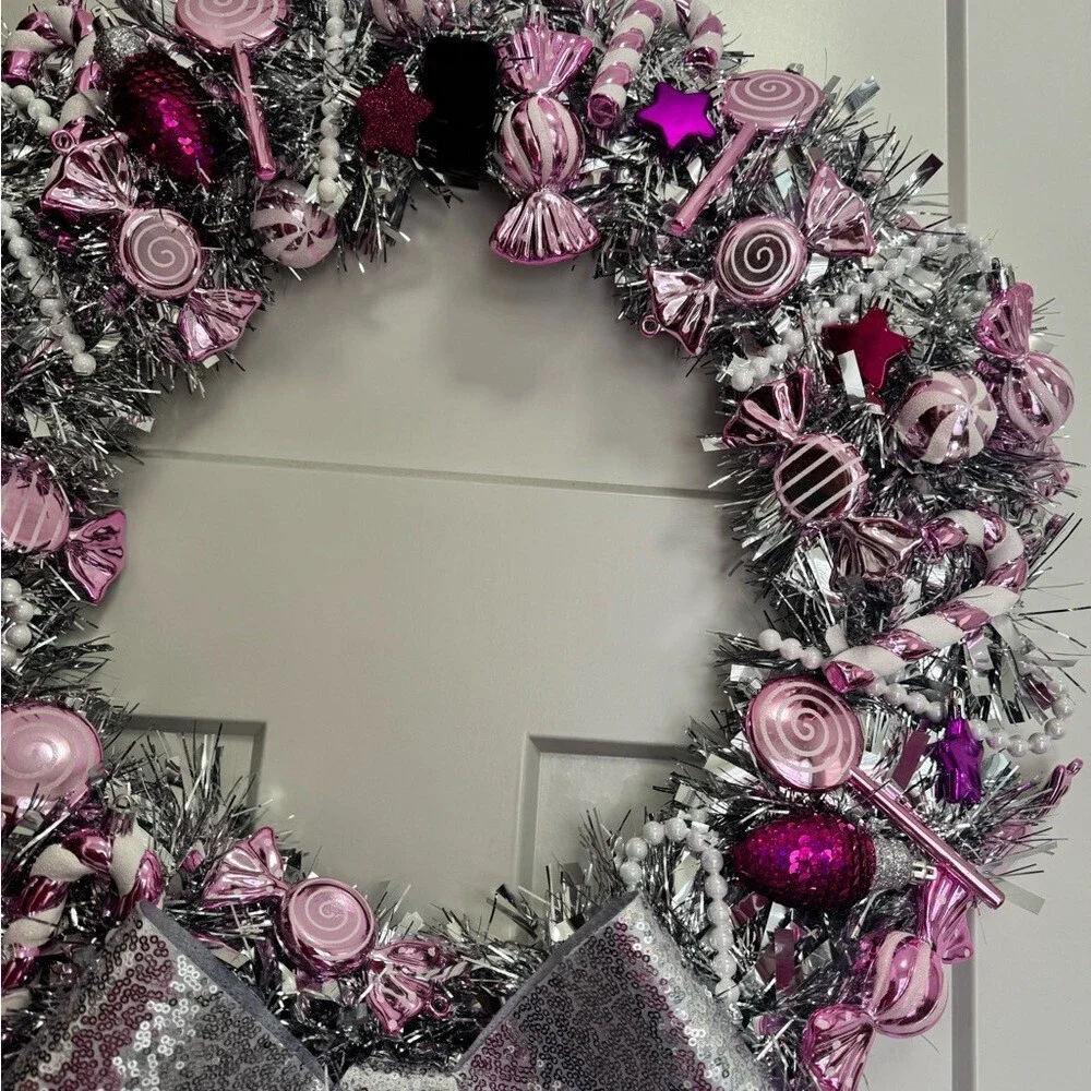 Wreath Christmas candy theme Silver and Pink Holiday Wreath ribbon bow